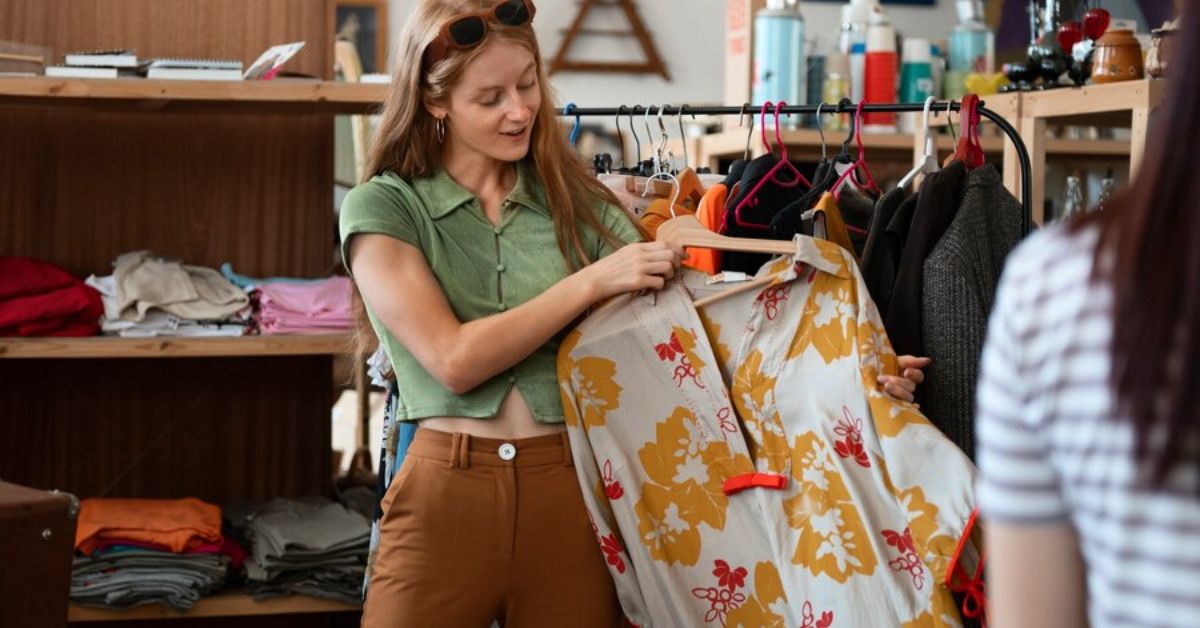 A woman browses high-quality clothing in a store, focusing on building her old money wardrobe for 2025.