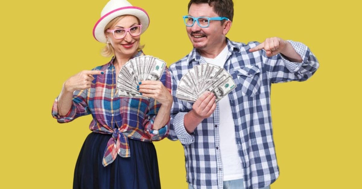 A man and woman showcasing old money style, each holding cash in their hands, representing classic elegance and wealth.
