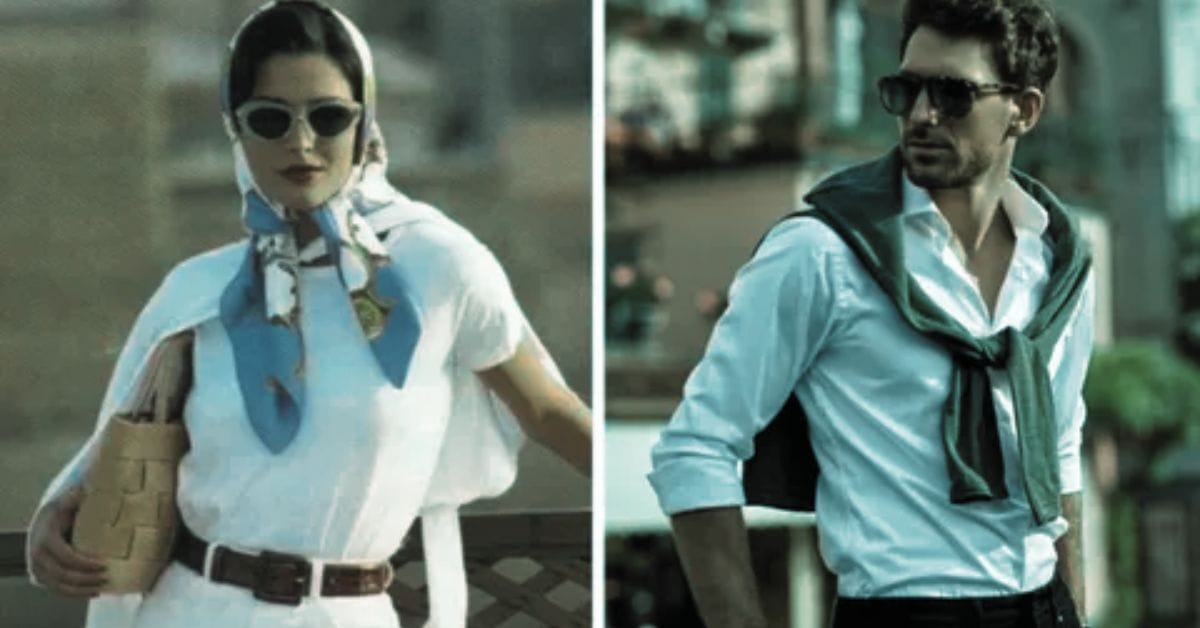 A man and woman in sunglasses and scarves, showcasing Old Money style essentials for both genders
