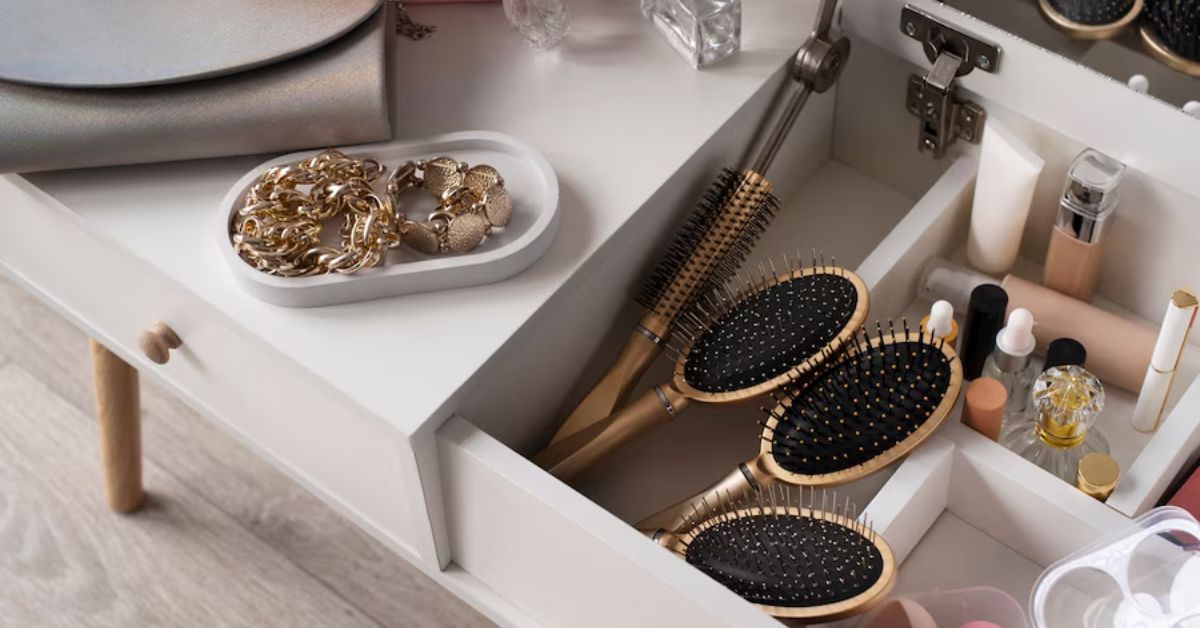 A neatly organized drawer featuring simple and elegant makeup brushes, hair brushes, and assorted beauty accessories.