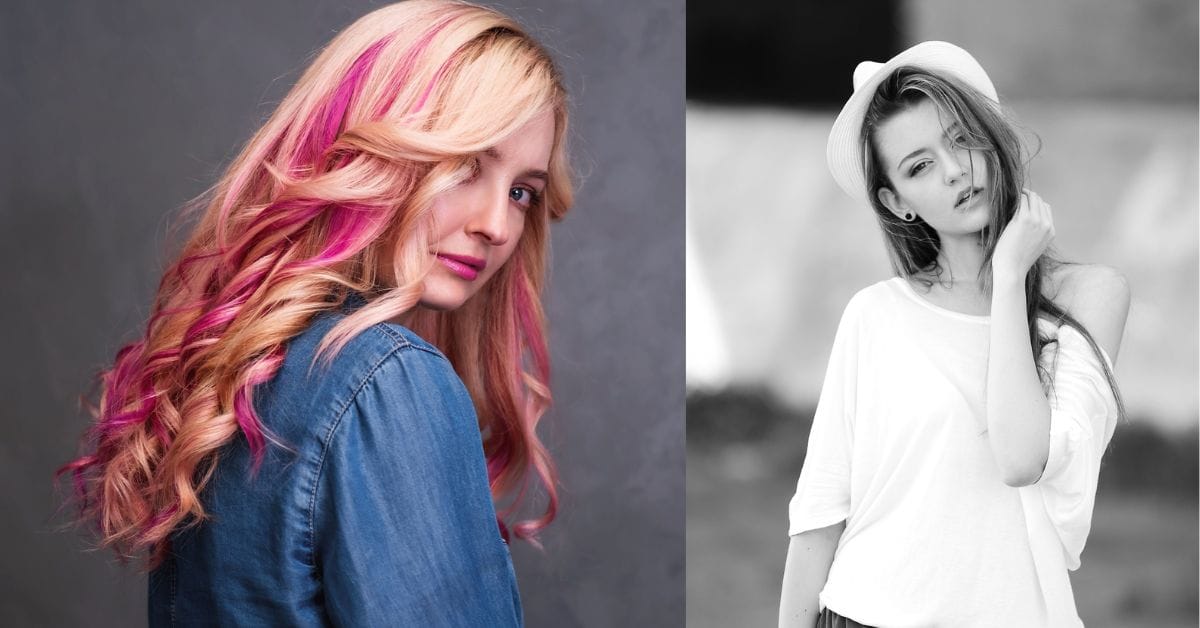 Two images showcasing a woman with pink hair and another with blonde hair, embodying classic old money fashion styles.