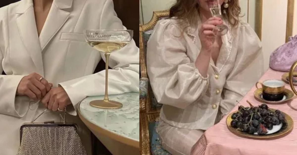 Two women in elegant white suits enjoy wine at a table, embodying the understated luxury of the old money aesthetic.