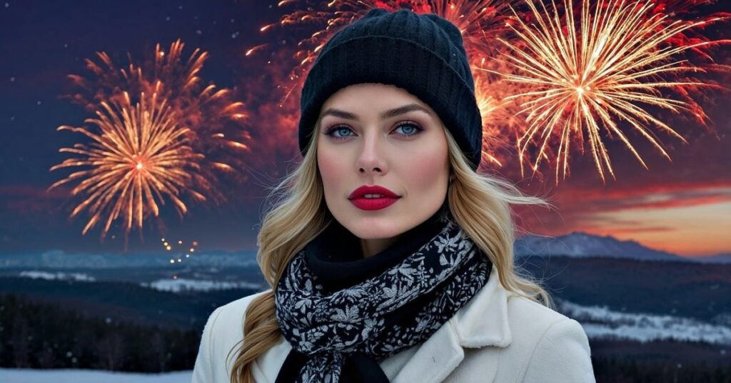 A stylish woman in winter attire stands against a backdrop of vibrant fireworks, embodying elegance and celebration.