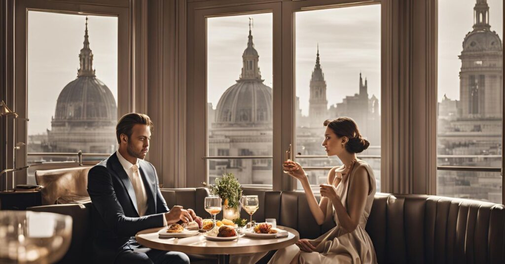 A man and woman enjoy a refined conversation at a table, overlooking a vibrant cityscape through a large window.