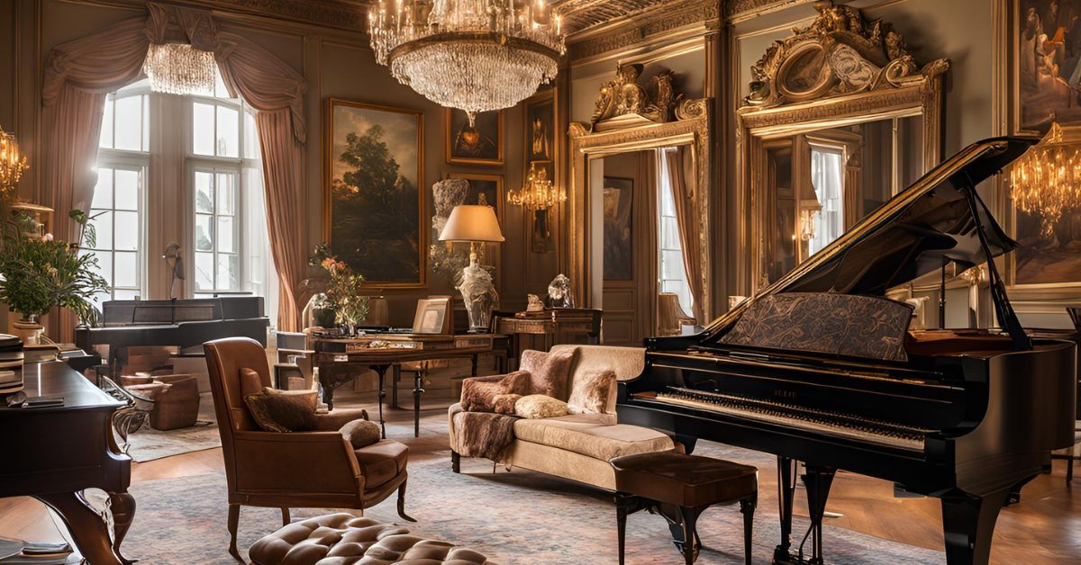 A grand piano surrounded by elegant, ornate furniture, showcasing the timeless charm of old money aesthetics in a modern setting.