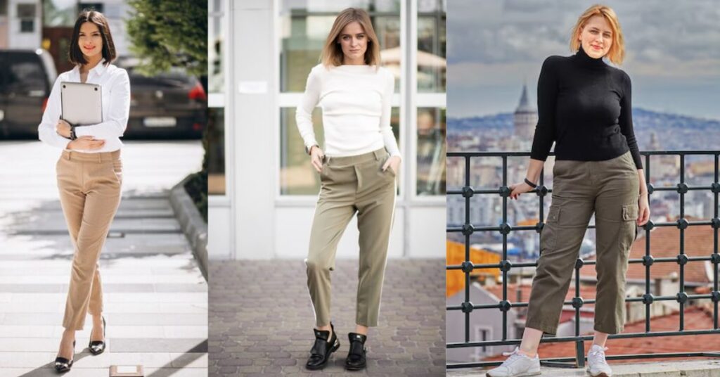 Three stylish women showcase their chic looks in khaki pants, embodying the timeless elegance of Old Money fashion.