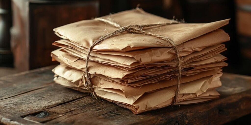 A neatly stacked bundle of aged foreign banknotes wrapped in brown paper and secured with rustic twine, placed on a wooden surface. The banknotes appear weathered, evoking a sense of history and intrigue.