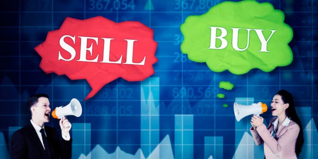  A business-themed digital illustration featuring a man and a woman using megaphones, with the words "SELL" in a red speech bubble and "BUY" in a green thought bubble, set against a financial stock market background with graphs and numbers.