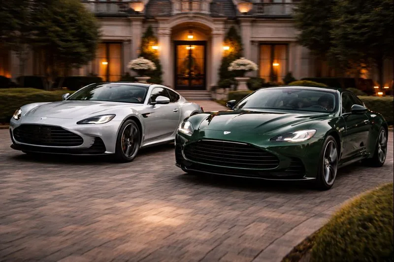 Two Aston Martin DB12 grand tourers racing toward an old money mansion, reflecting heritage luxury, elegance, and timeless performance in 2026