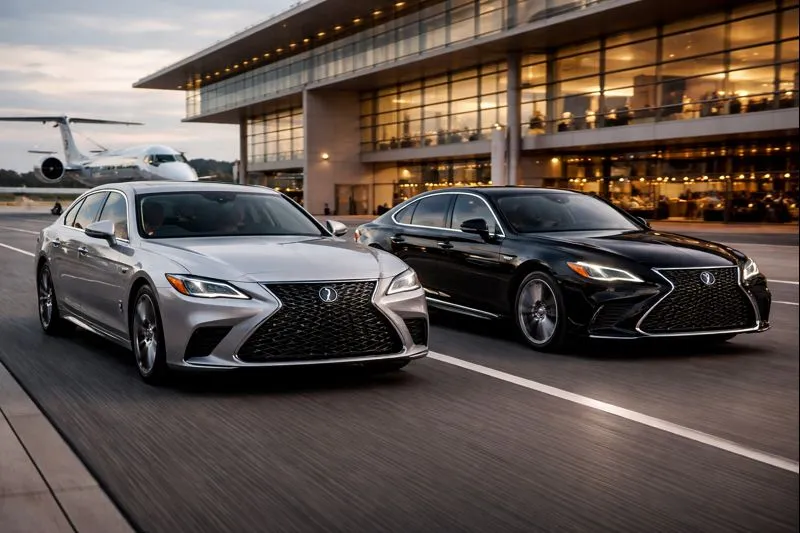 Two Lexus LS luxury sedans traveling near an airport, representing quiet old money taste, reliability, and understated elegance