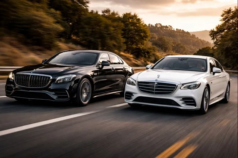 Two Mercedes-Benz S-Class sedans driving side by side on an open road, symbolizing discreet old money prestige and executive luxury