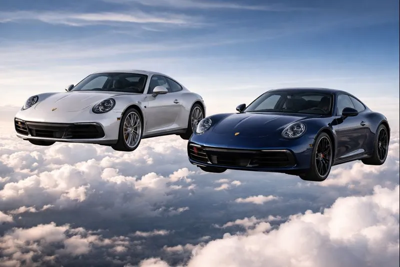 Two Porsche 911 Carrera sports cars in different colors suspended midair, representing timeless old money performance and restrained luxury in 2026.