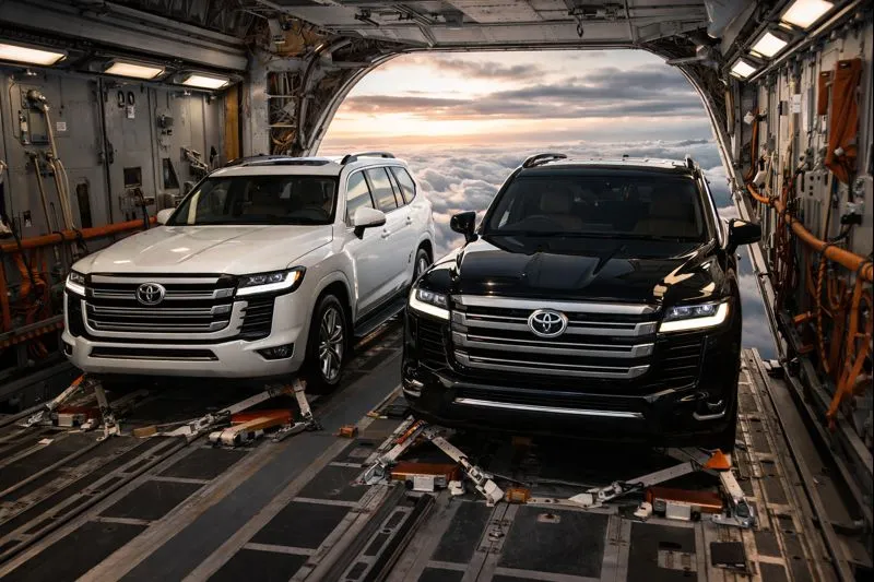 Two Toyota Land Cruiser SUVs secured inside an aircraft, symbolizing old money practicality, global travel, and long-term reliability in 2026