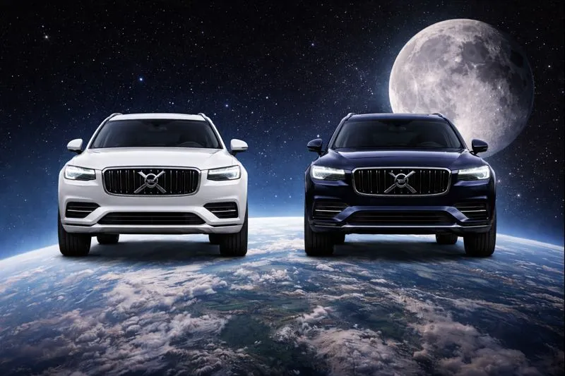 Two Volvo XC90 SUVs shown front-facing against a moon-and-Earth backdrop, representing understated old money safety, restraint, and modern Scandinavian luxury.