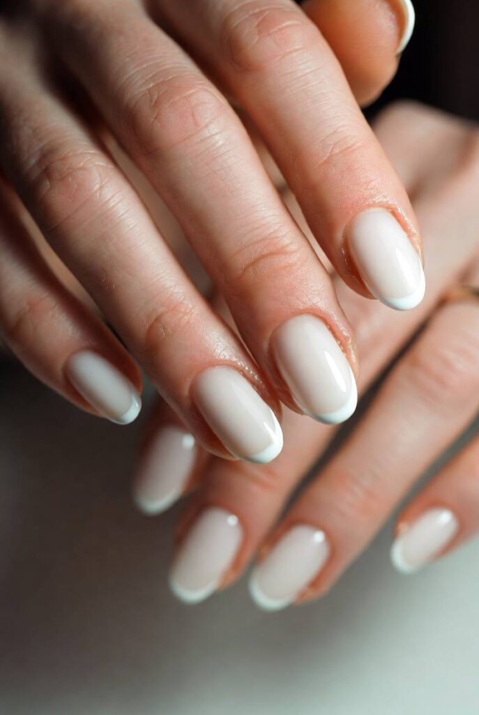 Close-up of sophisticated nude almond French tip nails with a glossy milky beige base and delicate thin white tips.