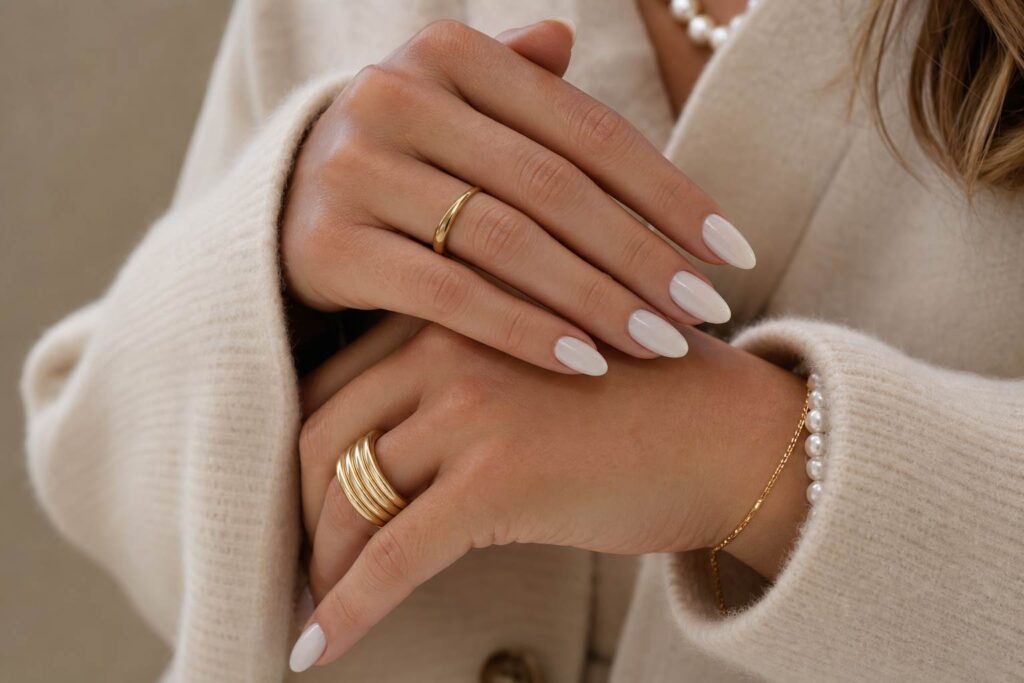 Milky White Old Money Almond Nails