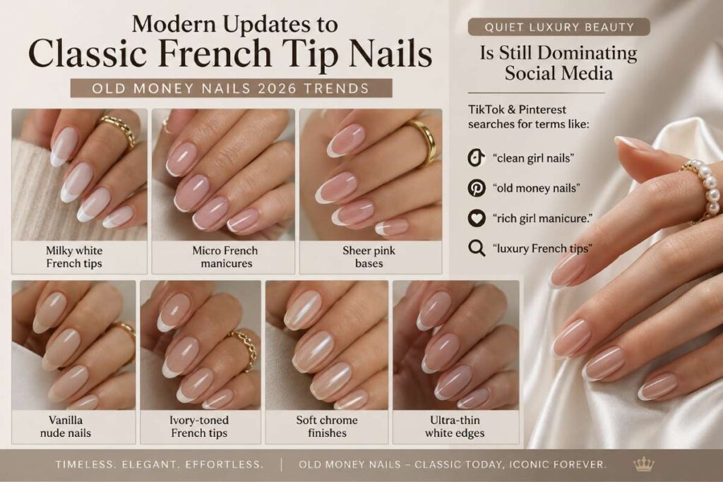 Old Money Nails 2026 trend collage showing modern French tip nail designs including milky white French tips, micro French manicures, sheer pink bases, vanilla nude nails with clean girl aesthetic and quiet luxury beauty style.