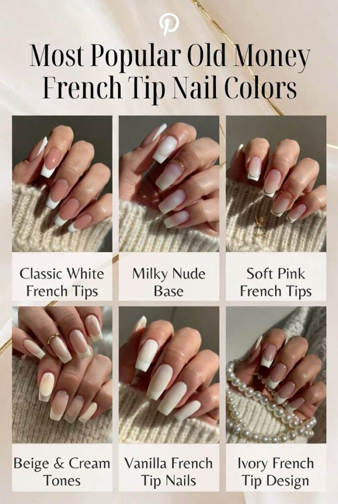 Luxurious old money French tip nail collage featuring 7 elegant neutral manicure styles in creamy beige, ivory, milky nude, soft pink and vanilla tones. Quiet luxury aesthetic with glossy almond nails, gold jewelry and cashmere sleeves.