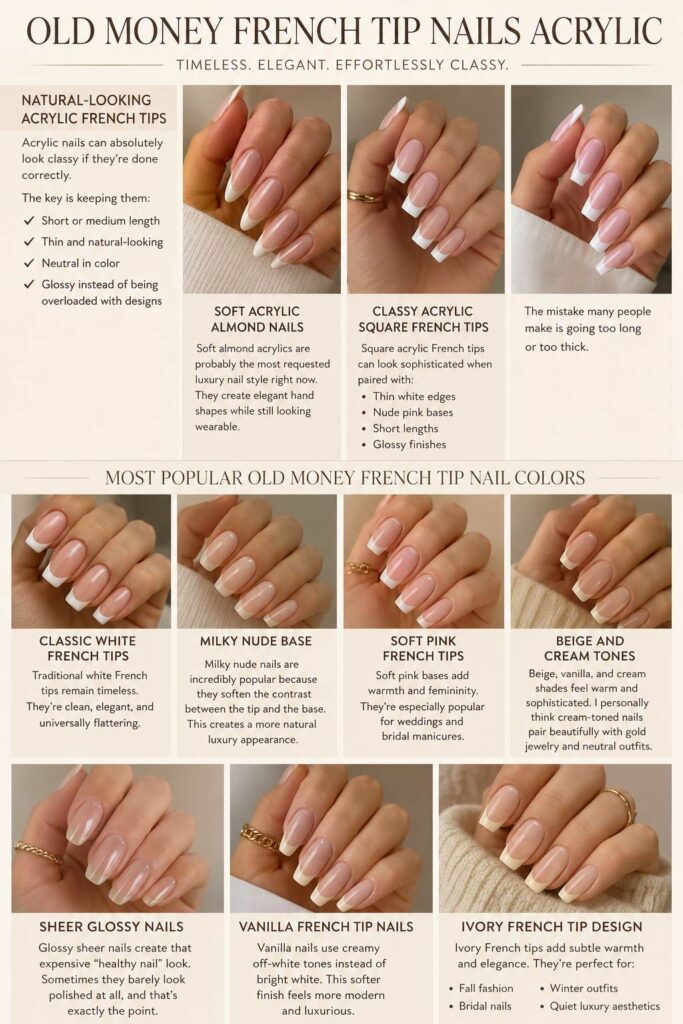 Old Money French tip nails acrylic infographic featuring natural almond, square French tips, and luxury neutral nail colors like milky nude, ivory, soft pink, and glossy sheer finishes.