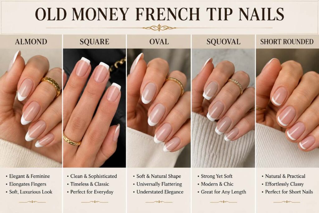 Collage of Old Money French Tip Nails in five elegant shapes including almond, square, oval, squoval, and short rounded nail styles with neutral and classic luxury aesthetic.