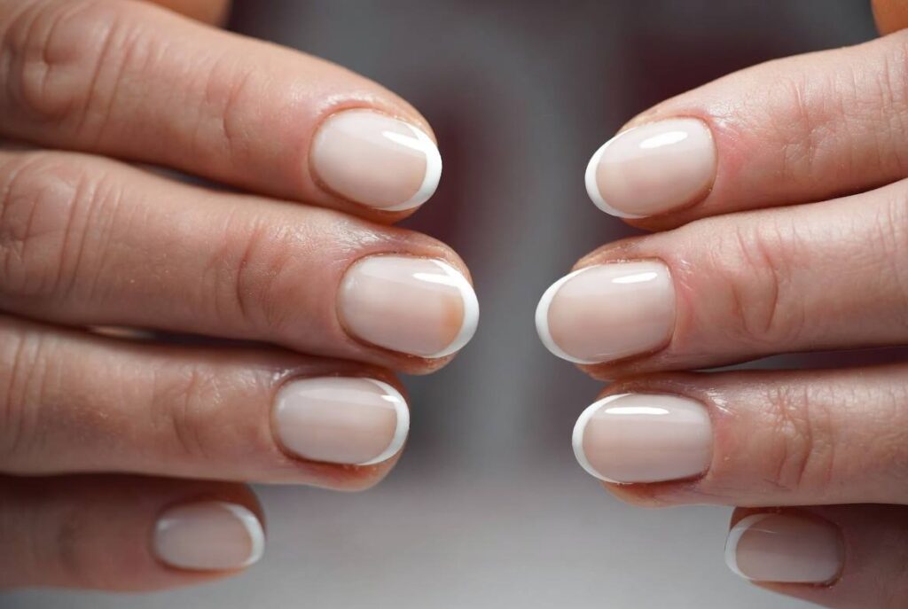 Close-up of short natural French tip nails with glossy soft nude base and delicate thin white tips. Elegant oval shape in a timeless, classy old money style on perfectly manicured hands.